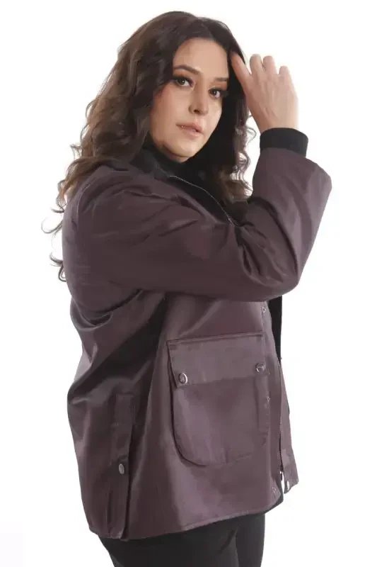 Trend42plus Plus Size Velvet Collar Snap Button Detailed Burgundy Coat - 3