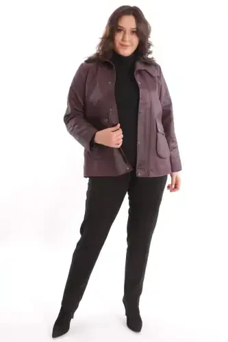 Trend42plus Plus Size Velvet Collar Snap Button Detailed Burgundy Coat - 4