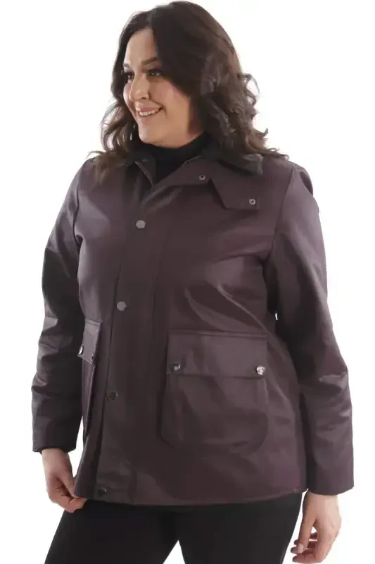 Trend42plus Plus Size Velvet Collar Snap Button Detailed Burgundy Coat - 5