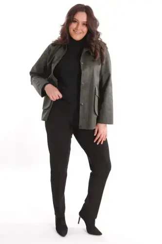 Trend42plus Plus Size Velvet Collar Snap Button Detailed Khaki Coat - BÜYÜKBEDENIZ (1)