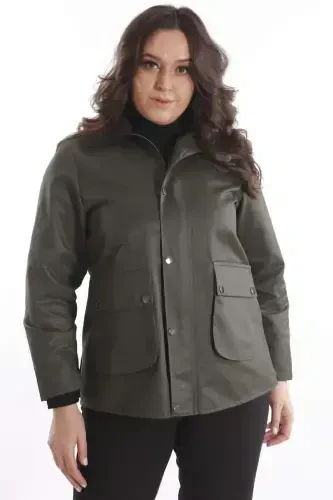 Trend42plus Plus Size Velvet Collar Snap Button Detailed Khaki Coat - 1