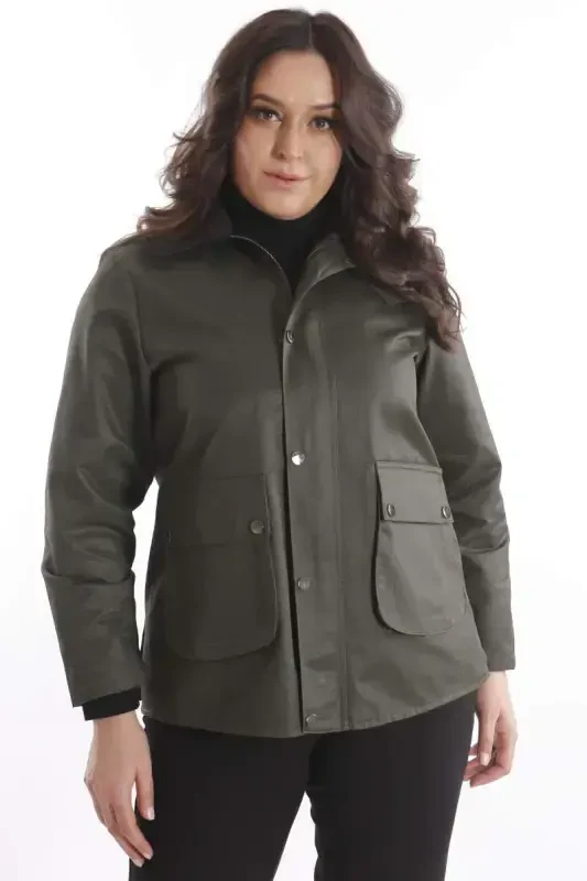 Trend42plus Plus Size Velvet Collar Snap Button Detailed Khaki Coat - 1
