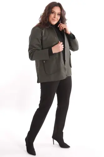 Trend42plus Plus Size Velvet Collar Snap Button Detailed Khaki Coat - 4