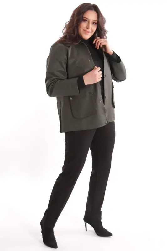 Trend42plus Plus Size Velvet Collar Snap Button Detailed Khaki Coat - 4