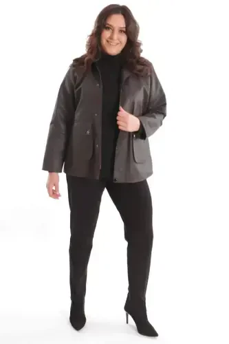 Trend42plus Plus Size Velvet Collar Snap Fastening Detailed Brown Coat - BÜYÜKBEDENIZ (1)