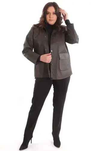 Trend42plus Plus Size Velvet Collar Snap Fastening Detailed Brown Coat - 6