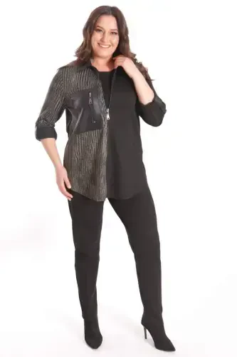 Trend42plus Plus Size Wave Patterned Pocket Detailed Zippered Knitted Black Shirt - 4