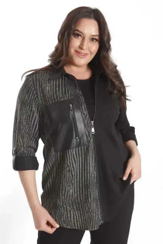 Trend42plus Plus Size Wave Patterned Pocket Detailed Zippered Knitted Black Shirt - 1