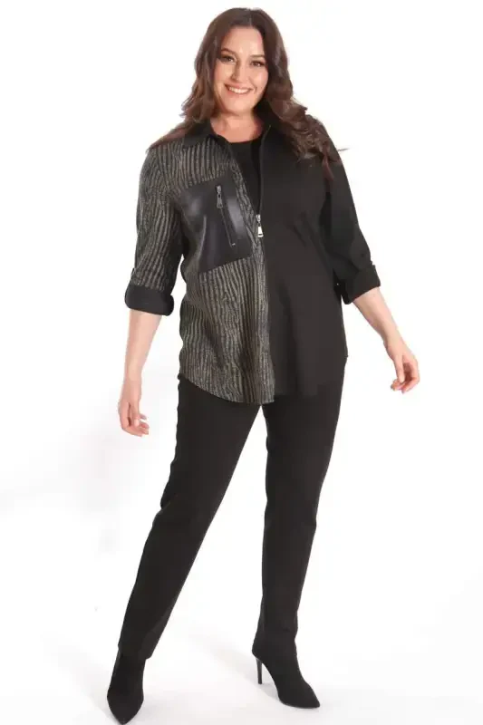 Trend42plus Plus Size Wave Patterned Pocket Detailed Zippered Knitted Black Shirt - 2