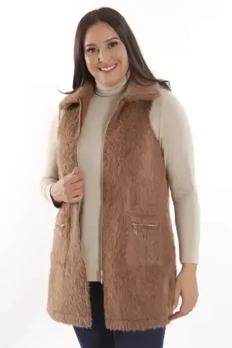 Trend42plus Plus Size Zipper and Pocket Detailed Brown Fur Vest - 1