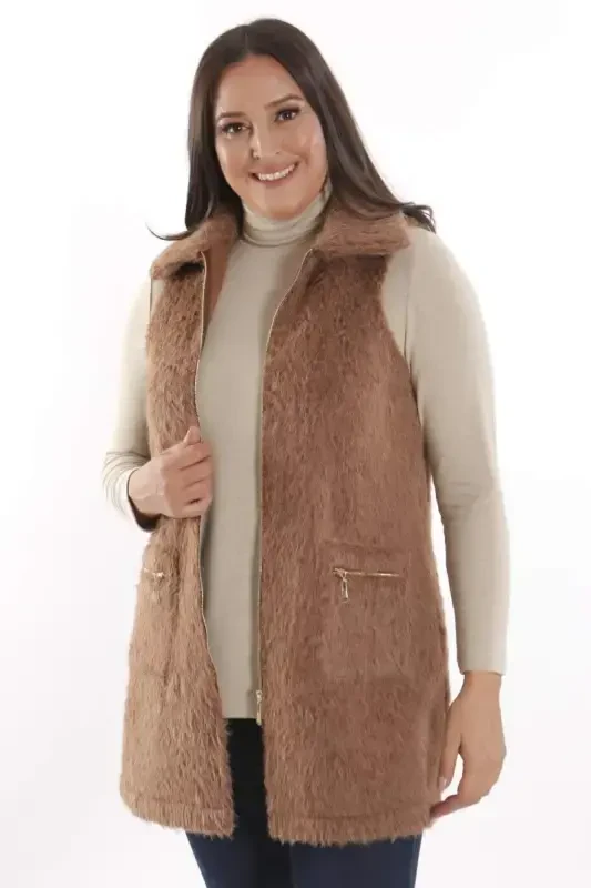 Trend42plus Plus Size Zipper and Pocket Detailed Brown Fur Vest - 1