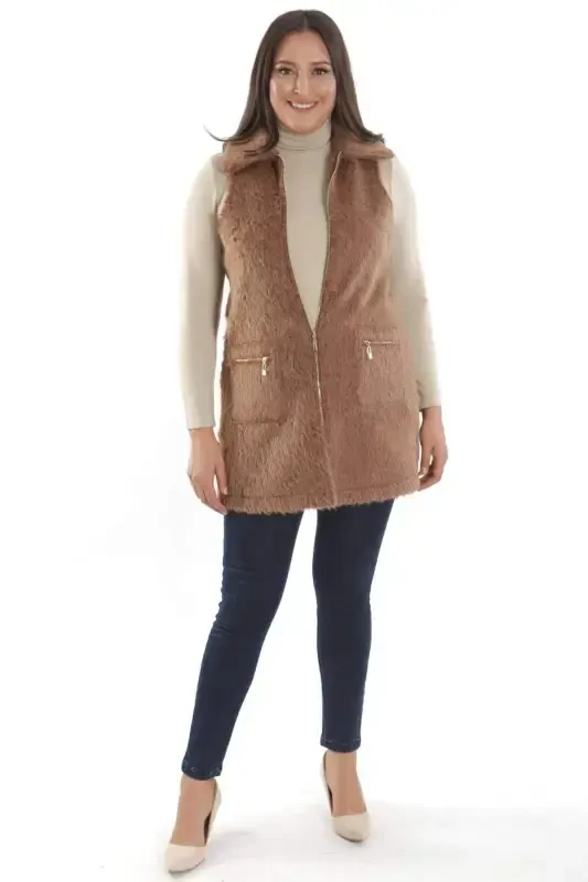 Trend42plus Plus Size Zipper and Pocket Detailed Brown Fur Vest - 2
