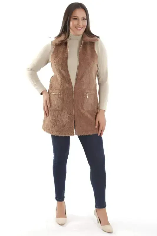 Trend42plus Plus Size Zipper and Pocket Detailed Brown Fur Vest - 4