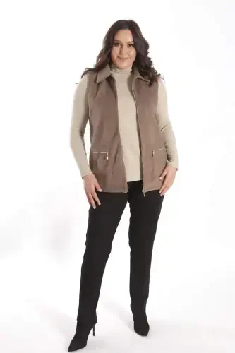 Trend42plus Plus Size Zipper Pocket Detailed Cachet Mink Vest - BÜYÜKBEDENIZ (1)