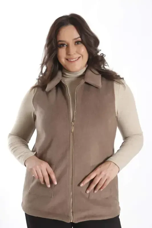 Trend42plus Plus Size Zipper Pocket Detailed Cachet Mink Vest - 5