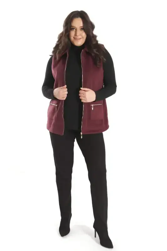 Trend42plus Plus Size Zipper Pocket Detailed Woolen Burgundy Vest - 2