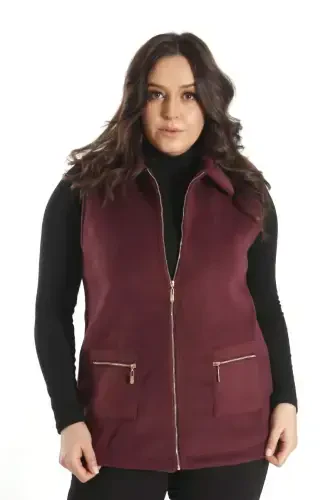 Trend42plus Plus Size Zipper Pocket Detailed Woolen Burgundy Vest - 3