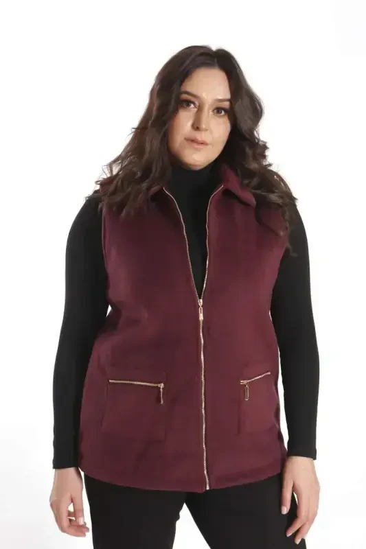 Trend42plus Plus Size Zipper Pocket Detailed Woolen Burgundy Vest - 4