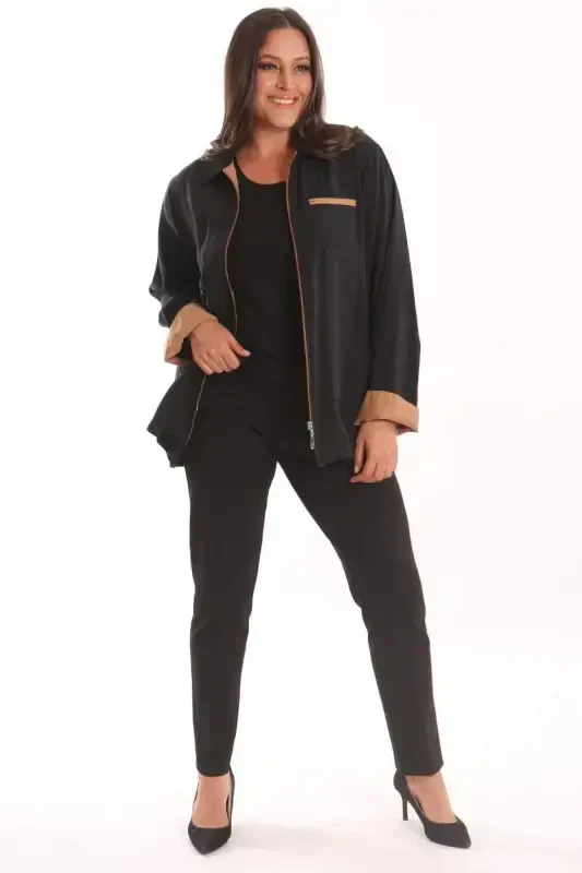 Trend42plus Plus Size Zippered Plus Size Black Trench Coat - 4
