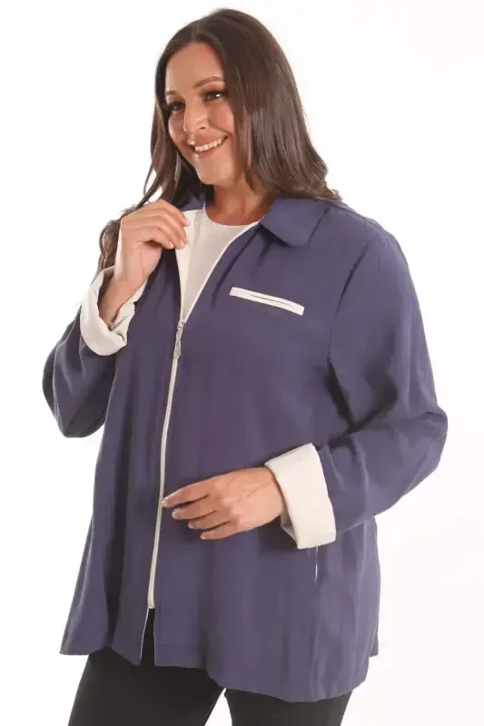 Trend42plus Plus Size Zippered Plus Size Indigo Trench Coat - BÜYÜKBEDENIZ