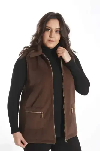 Trend42plus Plus Size Zippered Pocket Detailed Cachet Brown Vest - 1