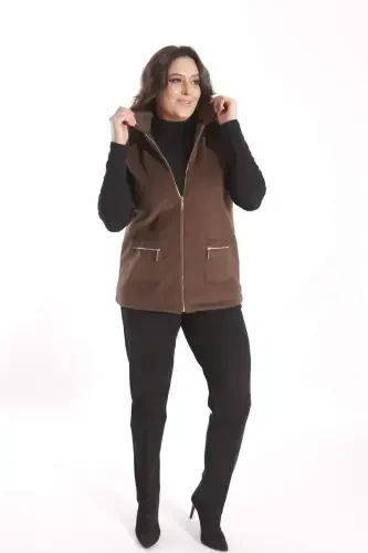 Trend42plus Plus Size Zippered Pocket Detailed Cachet Brown Vest - BÜYÜKBEDENIZ (1)