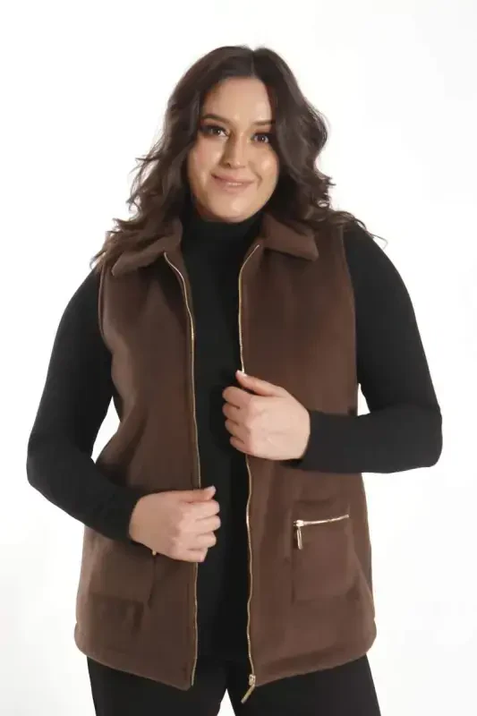 Trend42plus Plus Size Zippered Pocket Detailed Cachet Brown Vest - 5