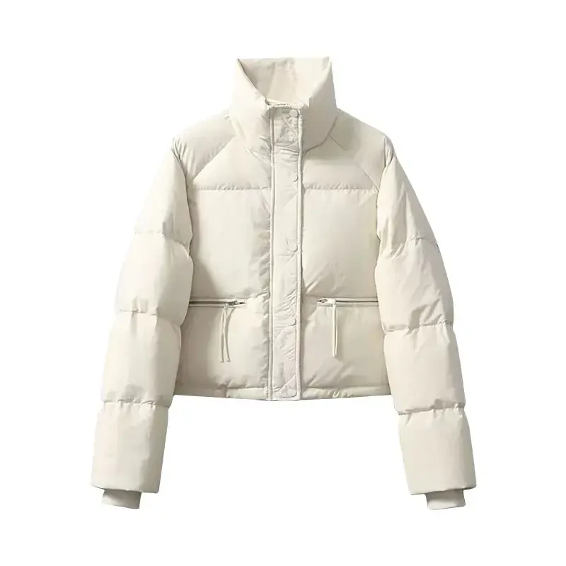 successthop Puffer Coat Women Crop Top White Long Sleeve Down Jacket Turtleneck Waist Length Winter Coats Midweight Warm Outerwear Solid Thick Coat Zip Winter Clothes with Pockets Outfits- - 1