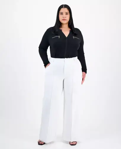 Trendy Plus Size High-Rise Wide-Leg Ponté-Knit Pants, Created for Modazone - Bright White - 1
