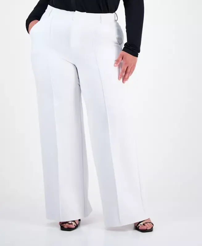 Trendy Plus Size High-Rise Wide-Leg Ponté-Knit Pants, Created for Modazone - Bright White - 2