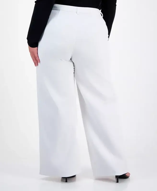Trendy Plus Size High-Rise Wide-Leg Ponté-Knit Pants, Created for Modazone - Bright White - 3