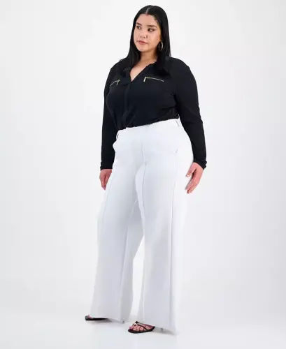 Trendy Plus Size High-Rise Wide-Leg Ponté-Knit Pants, Created for Modazone - Bright White - 4