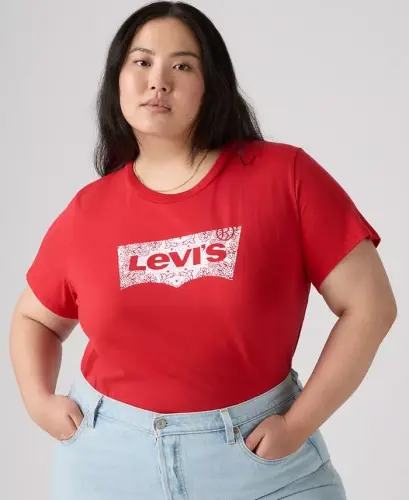 Trendy Plus Size Perfect Logo Cotton T-Shirt - Bandana Qizil - 3