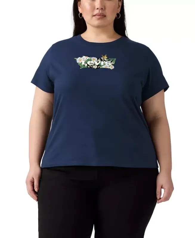 Trendy Plus Size Perfect Logo Cotton T-Shirt - Plus Daisy Bw Fill Navy Blazer - LEVI'S
