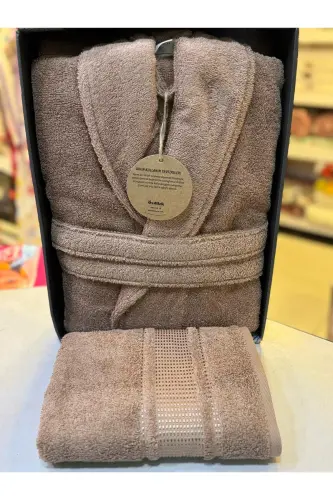 Trendy Şalyaka Bornoz + Baş Havlusu- Toprak L Beden - Toprak 