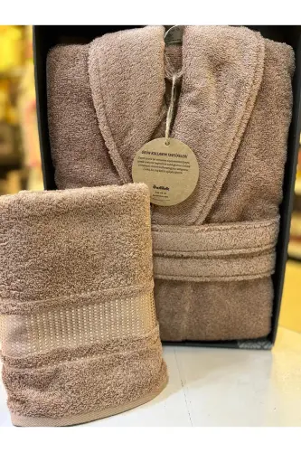 Trendy Şalyaka Bornoz + Baş Havlusu- Toprak-Toprak - 2