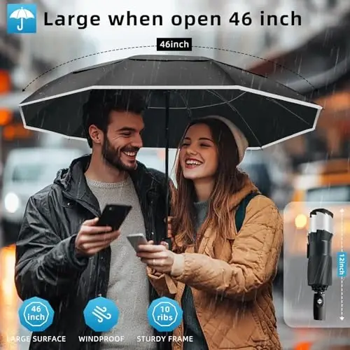 Trenovo Windproof Trave Inverted Umbrella With Reflective Stripe, Reverse Compact Umbrellas for Rain, Portable Large Folding Sun UV Automatic Upside Down Umbrella for Car Backpack - 2