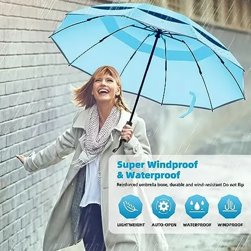 Trenovo Windproof Automatic Inverted Umbrella – Compact Folding with Sun UV Protection, Portable Travel Umbrella for Car & Backpack 