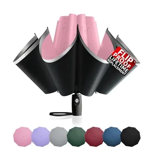 Trenovo Windproof Trave Inverted Umbrella With Reflective Stripe, Reverse Compact Umbrellas for Rain, Portable Large Folding Sun UV Automatic Upside Down Umbrella for Car Backpack - 1