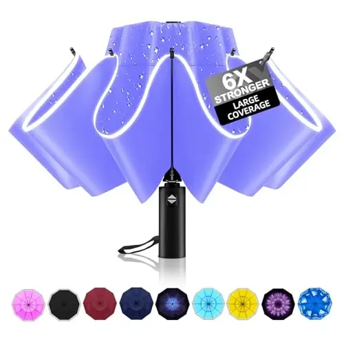 Тrenovo Windproof Trave Inverted Umbrella With Reflective Stripe, Reverse Compact Umbrellas for Rain, Portable Large Folding Sun UV Automatic Upside Down Umbrella for Car Backpack - 1