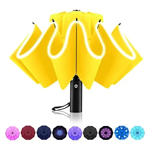 Trenovo Windproof Trave Inverted Umbrella With Reflective Stripe, Reverse Compact Umbrellas for Rain, Portable Large Folding Sun UV Automatic Upside Down Umbrella for Car Backpack 