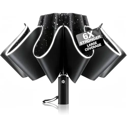 Trenovo Windproof Trave Inverted Umbrella With Reflective Stripe, Reverse Compact Umbrellas for Rain, Portable Large Folding Sun UV Automatic Upside Down Umbrella for Car Backpack - 1