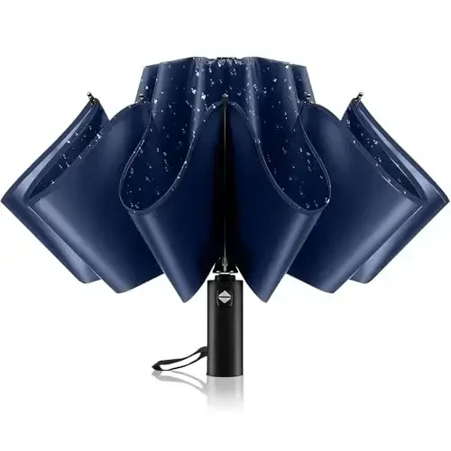 Trenovo Windproof Trave Inverted Umbrella With Reflective Stripe, Reverse Compact Umbrellas for Rain, Portable Large Folding Sun UV Automatic Upside Down Umbrella for Car Backpack - 1