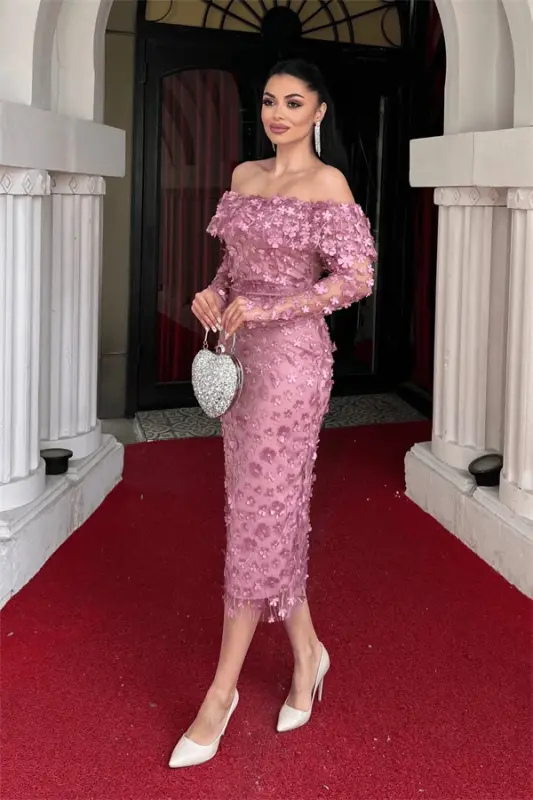 Трехмерное платье-карандаш с цветочным принтом и вырезом-лодочкой - ПУДРА - 2