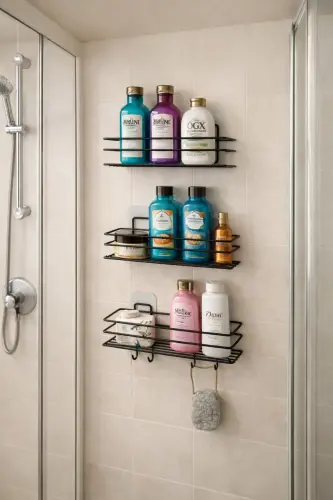 Трёхместная настенная полка для ванной из нержавеющей стали с 4 крючками, матовая чёрная, для шампуня, душа. - KARTEYA (1)