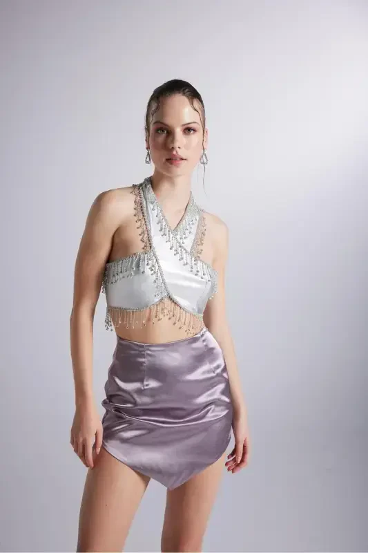 Triangle Cut Bright Satin Blaze Skirt Grey - 2
