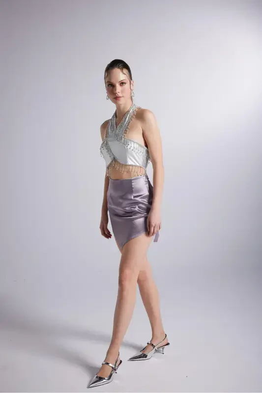 Triangle Cut Bright Satin Blaze Skirt Grey - 3