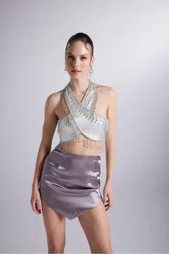 Triangle Cut Bright Satin Blaze Skirt Grey - 4
