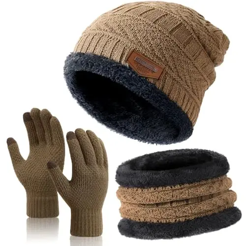 Trifabricy 3 Pcs Warm Fleece Lined Beanie Scarf Gloves Set for Women Men | Thick Fleece Lining Skull Cap Neck Warmer, Touchscreen Gloves, Soft Stretchy Knit , 3‑In‑1 Winter Accessory Set for Women Men - 1