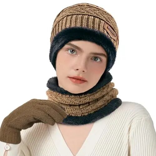 Trifabricy 3 Pcs Warm Fleece Lined Beanie Scarf Gloves Set for Women Men | Thick Fleece Lining Skull Cap Neck Warmer, Touchscreen Gloves, Soft Stretchy Knit , 3‑In‑1 Winter Accessory Set for Women Men - Trifabricy (1)